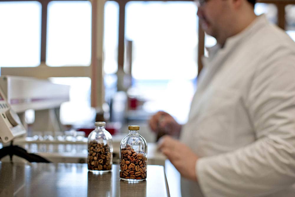 CR3 Analytik® Laboratory technician carries out analysis with decaffeinated coffee beans in Bremen-Industriehäfen
